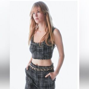 Fringe trimmed tweed crop top- M